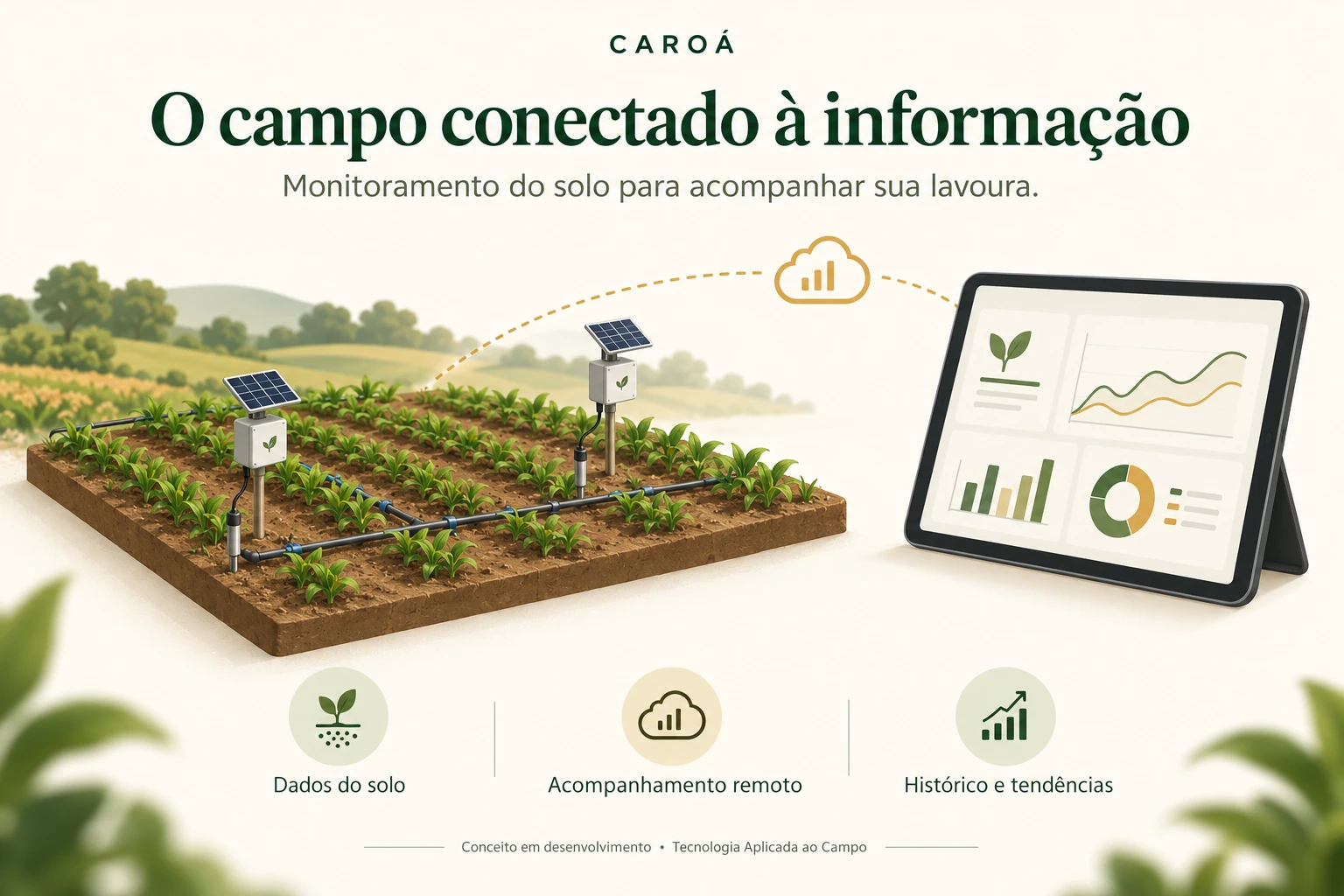 Ilustração conceitual de sensores no solo conectados a uma interface de acompanhamento de dados.