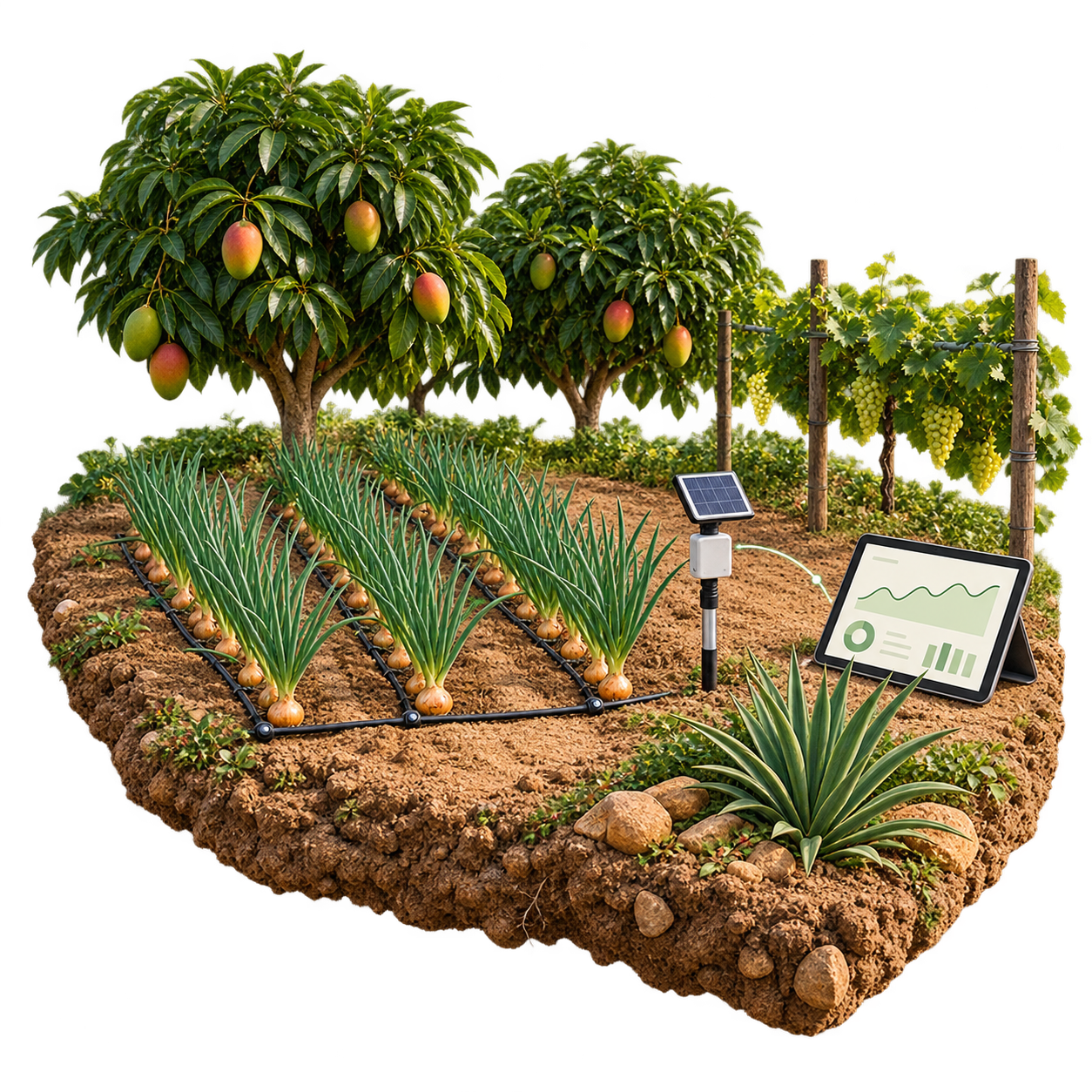 Ilustração de um lote agrícola com manga, cebola, uva e sensores conectados a um tablet, representando a integração entre cultivo e tecnologia.